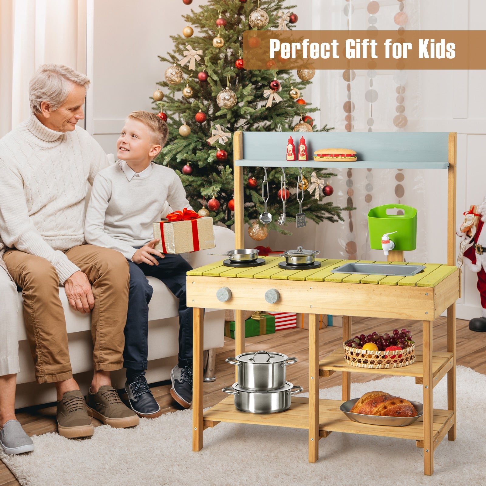 Indoor Outdoor Wooden Kitchen Play Set for Toddlers Ages 3+