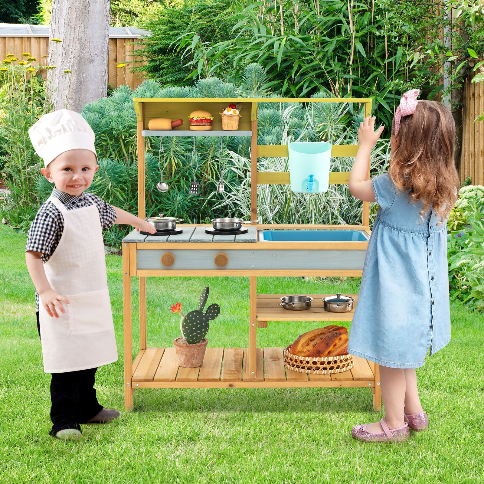 Wooden Play Kitchen Set, Fun Backyard Play Kitchen Toy for Toddlers