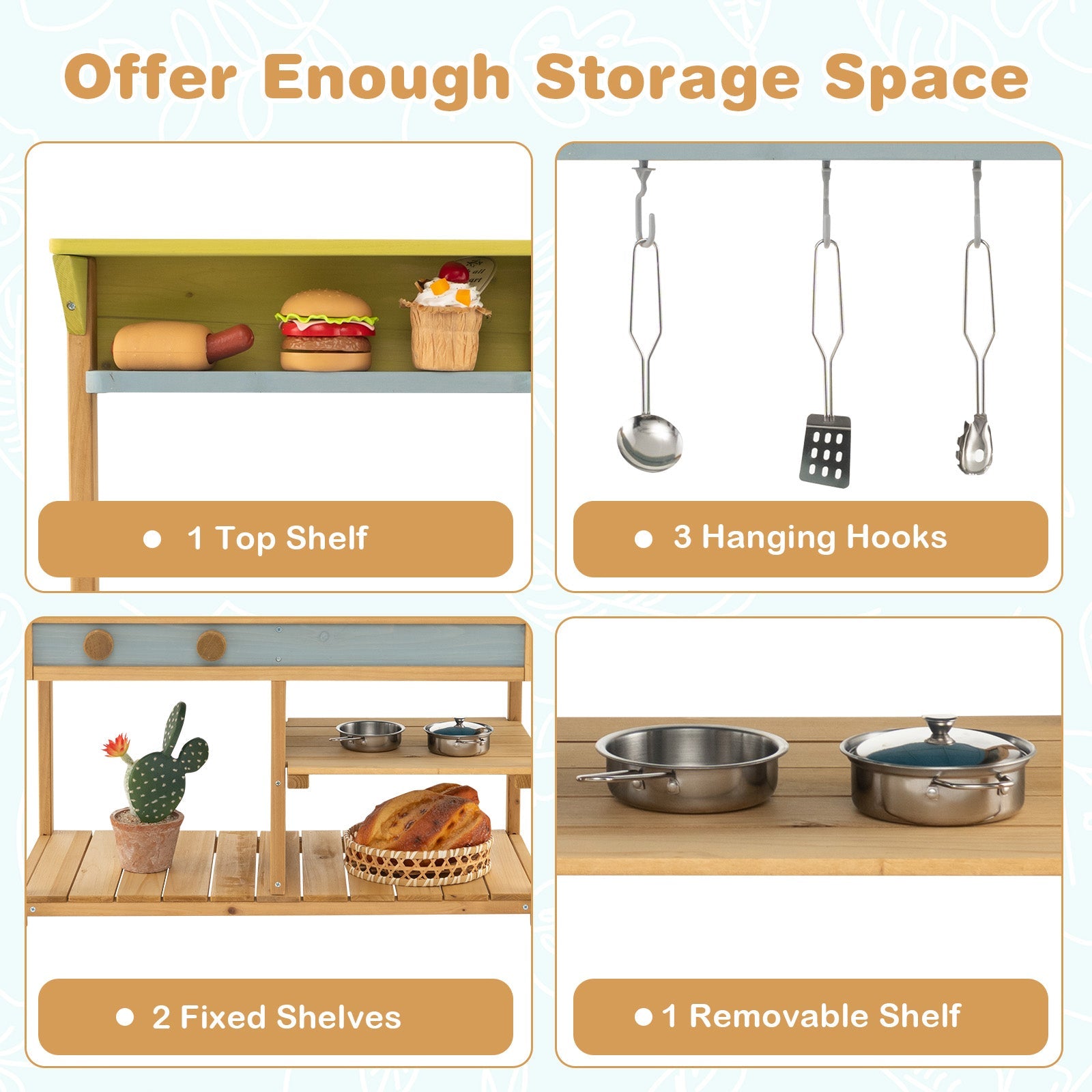 Wooden Play Kitchen Set, Fun Backyard Play Kitchen Toy for Toddlers