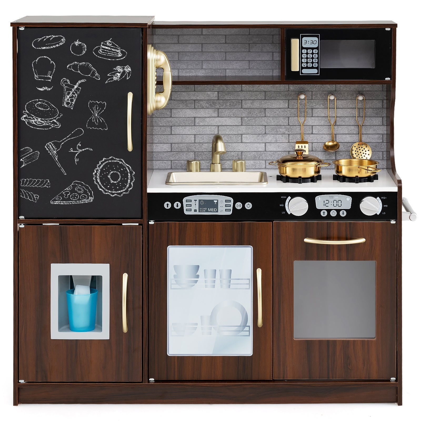 HONEY JOY Pretend Play Kitchen, Toddler Kitchen Playset w/Blackboard, Phone, Microwave, Ice Maker, Dishwasher & Oven