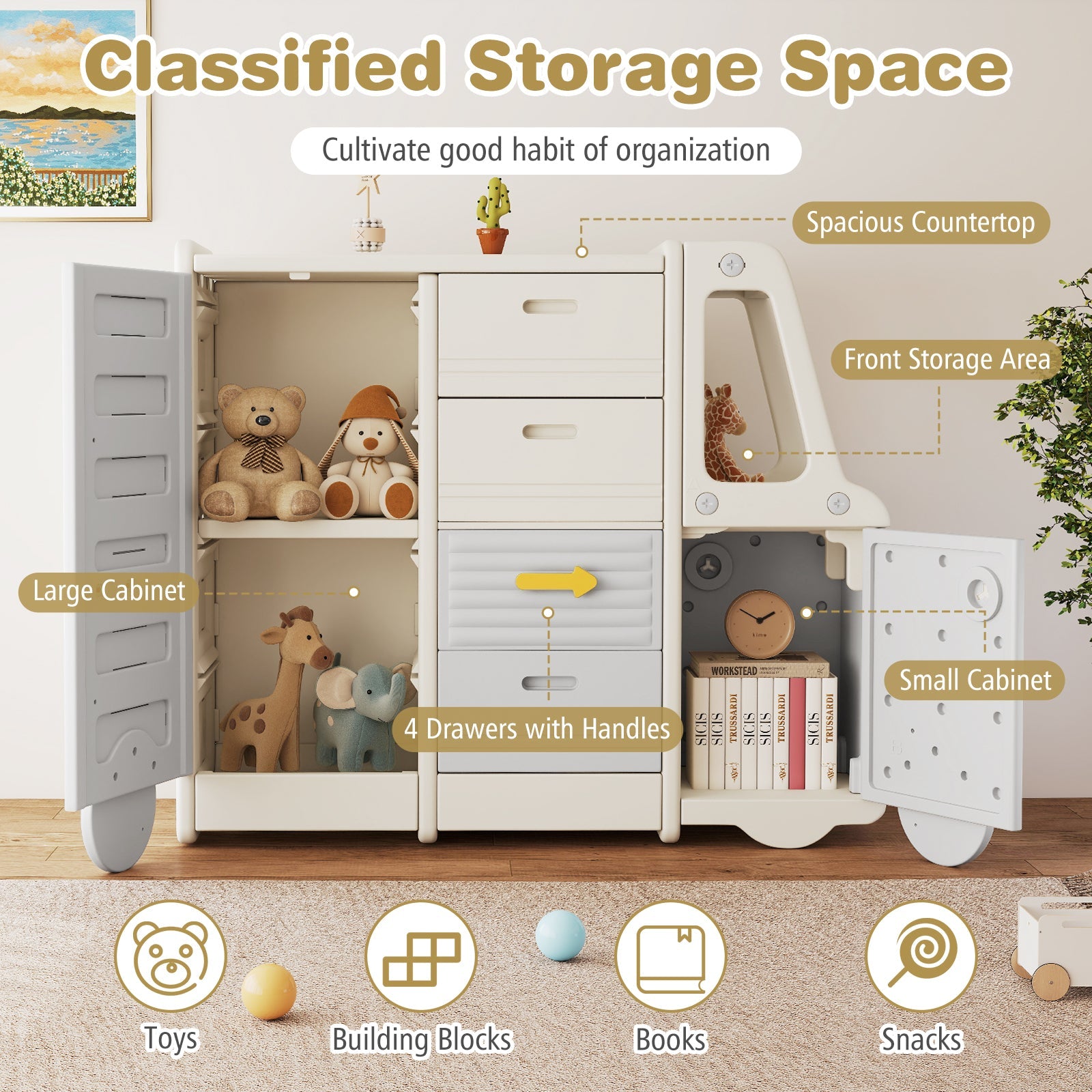 Kids Toy Storage Organizer, Bus-shaped Children Cabinet