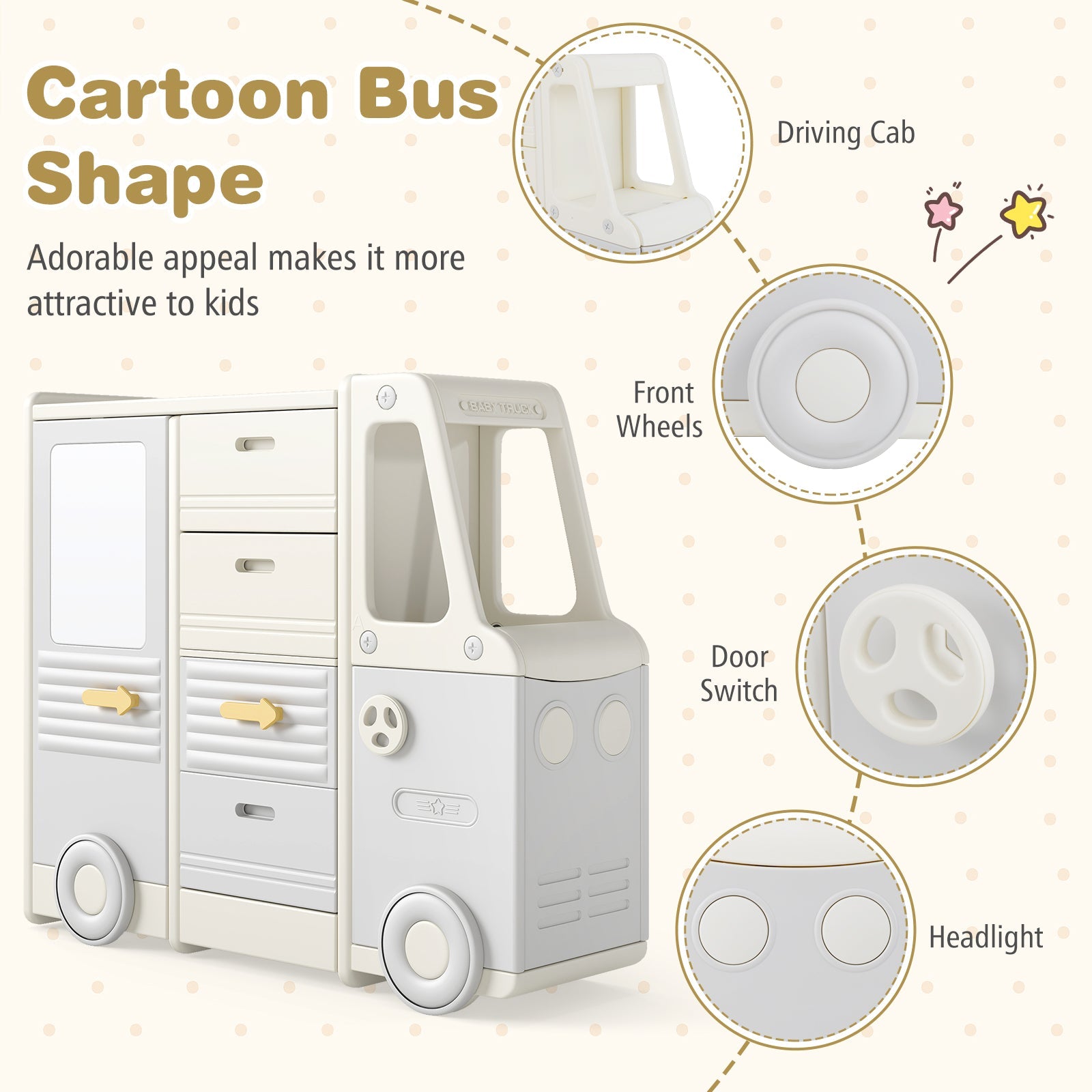 Bus-shaped Children Cabinet w/ 4 Pull-out Drawers with Handles