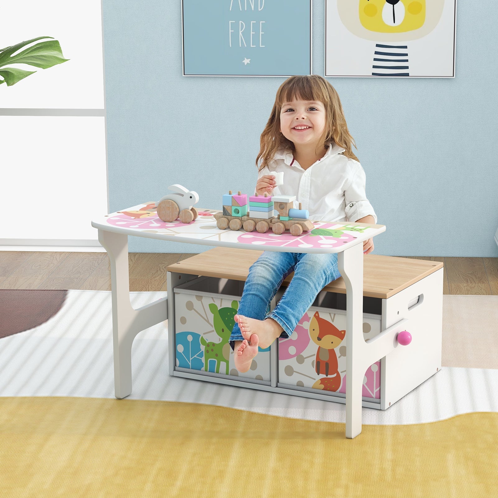 HONEY JOY 3 in 1 Kids Convertible Activity Bench, Children Table & Chair Set