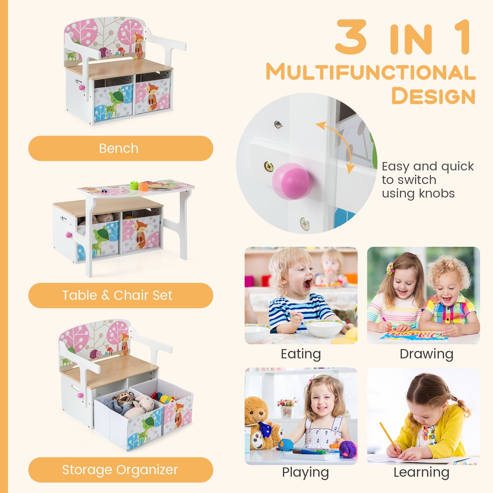 HONEY JOY 3 in 1 Kids Convertible Activity Bench, Children Table & Chair Set