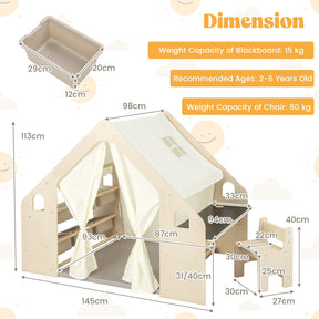 6-in-1 Kids Playhouse Wooden Indoor Play Tent, Large Play Tent Storage Rack with Wooden Frame & Curtains