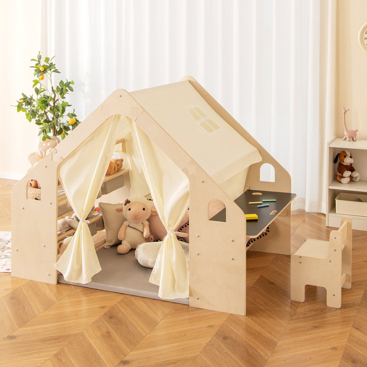 6-in-1 Kids Playhouse Wooden Indoor Play Tent, Large Play Tent Storage Rack with Wooden Frame & Curtains