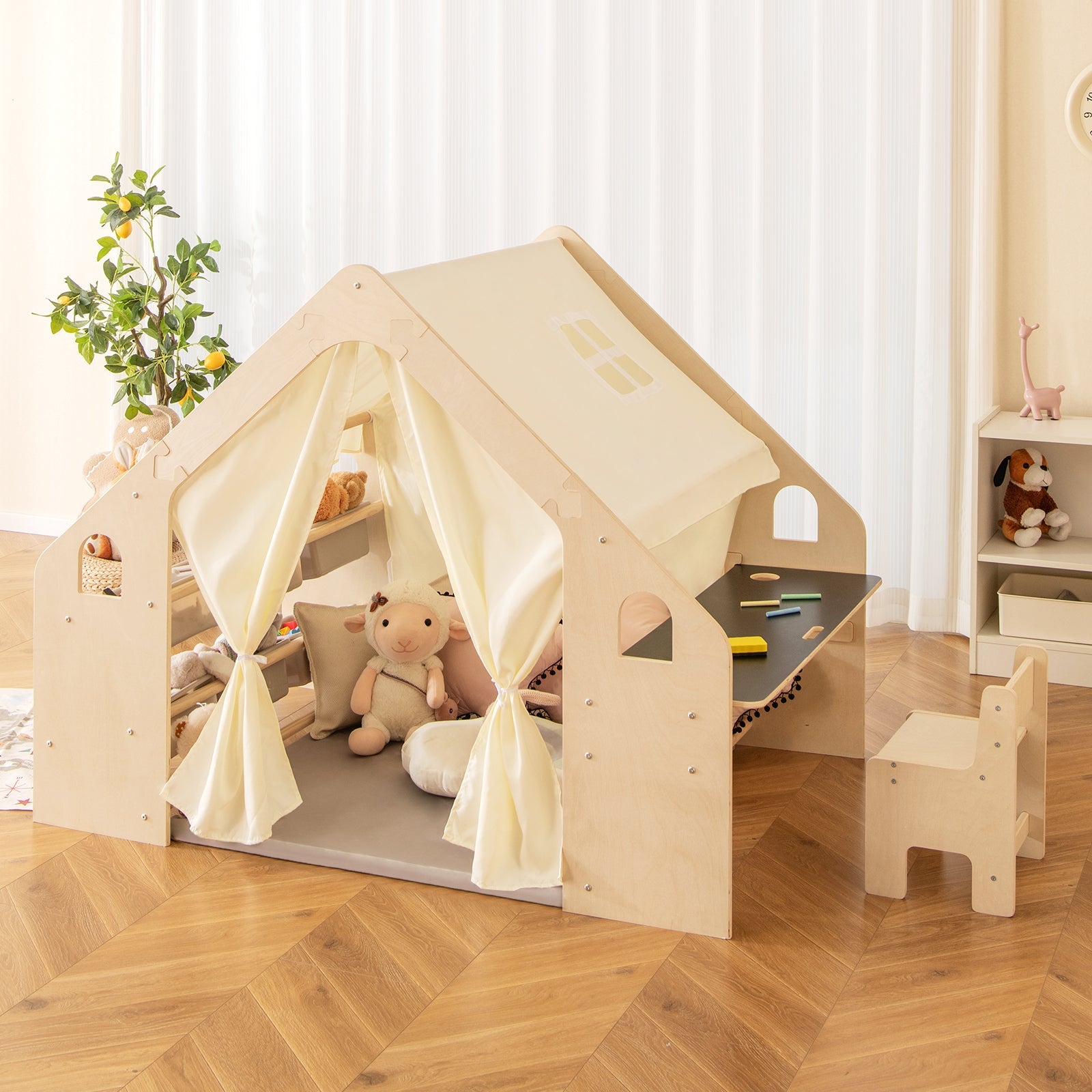 6-in-1 Kids Playhouse Wooden Indoor Play Tent, Large Play Tent Storage Rack with Wooden Frame & Curtains