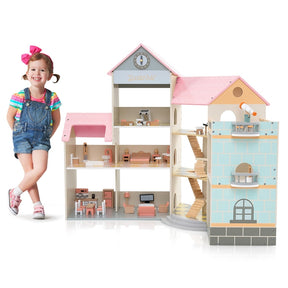 Wooden Corner Dollhouse Playset with 34 Pieces of Furniture and Accessories