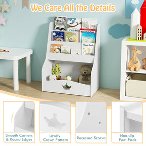 Kids Bookshelf, 4-Tier Wooden Toy Storage Organizer w/ Shelves & Compartment