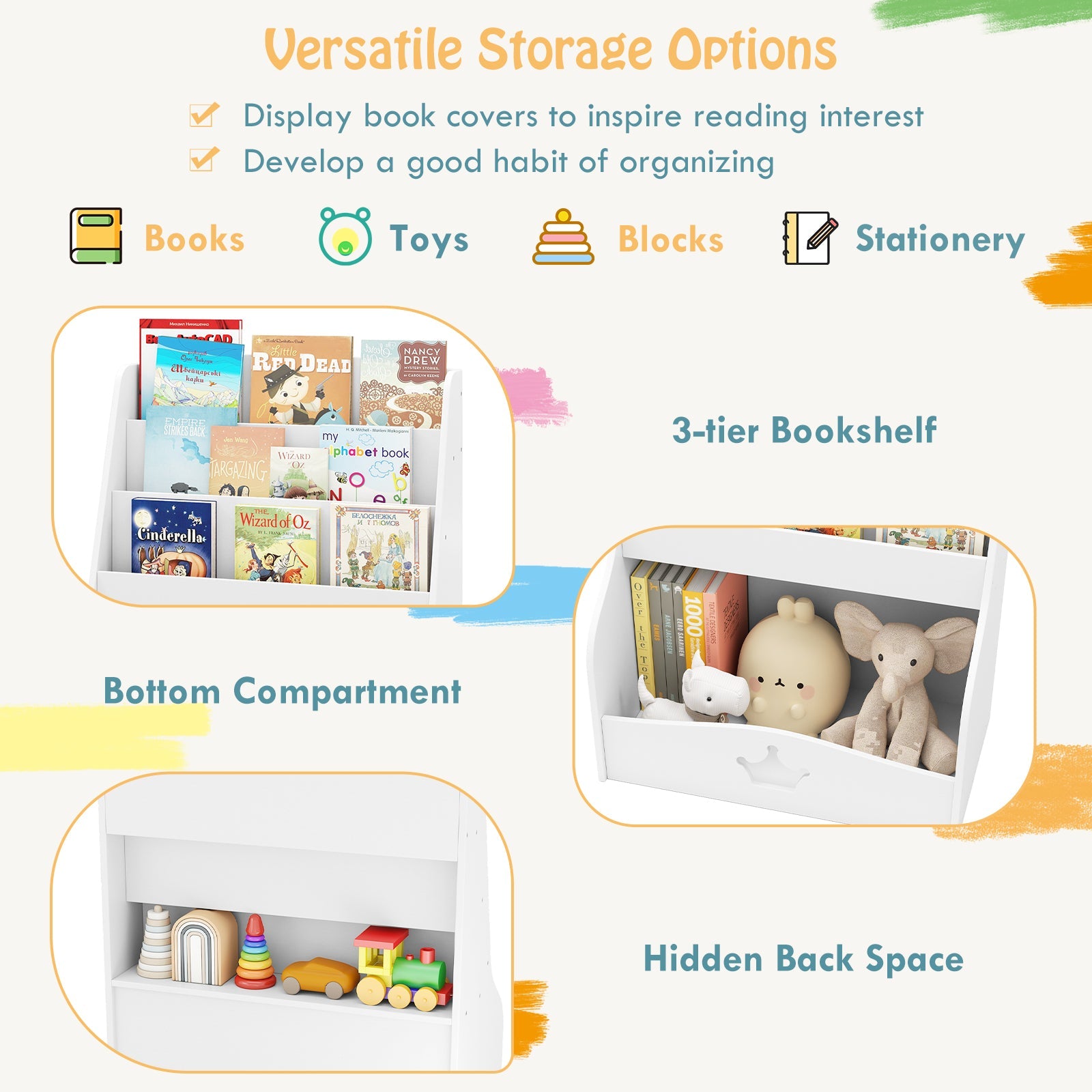 4-Tier Wooden Toy Storage Organizer, Children Bookcase Display Rack for Playroom, Kindergarten, Nursery, Classroom
