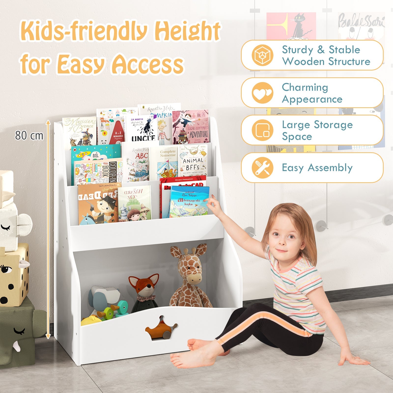 4-Tier Wooden Toy Storage Organizer, Children Bookcase Display Rack for Playroom, Kindergarten, Nursery, Classroom
