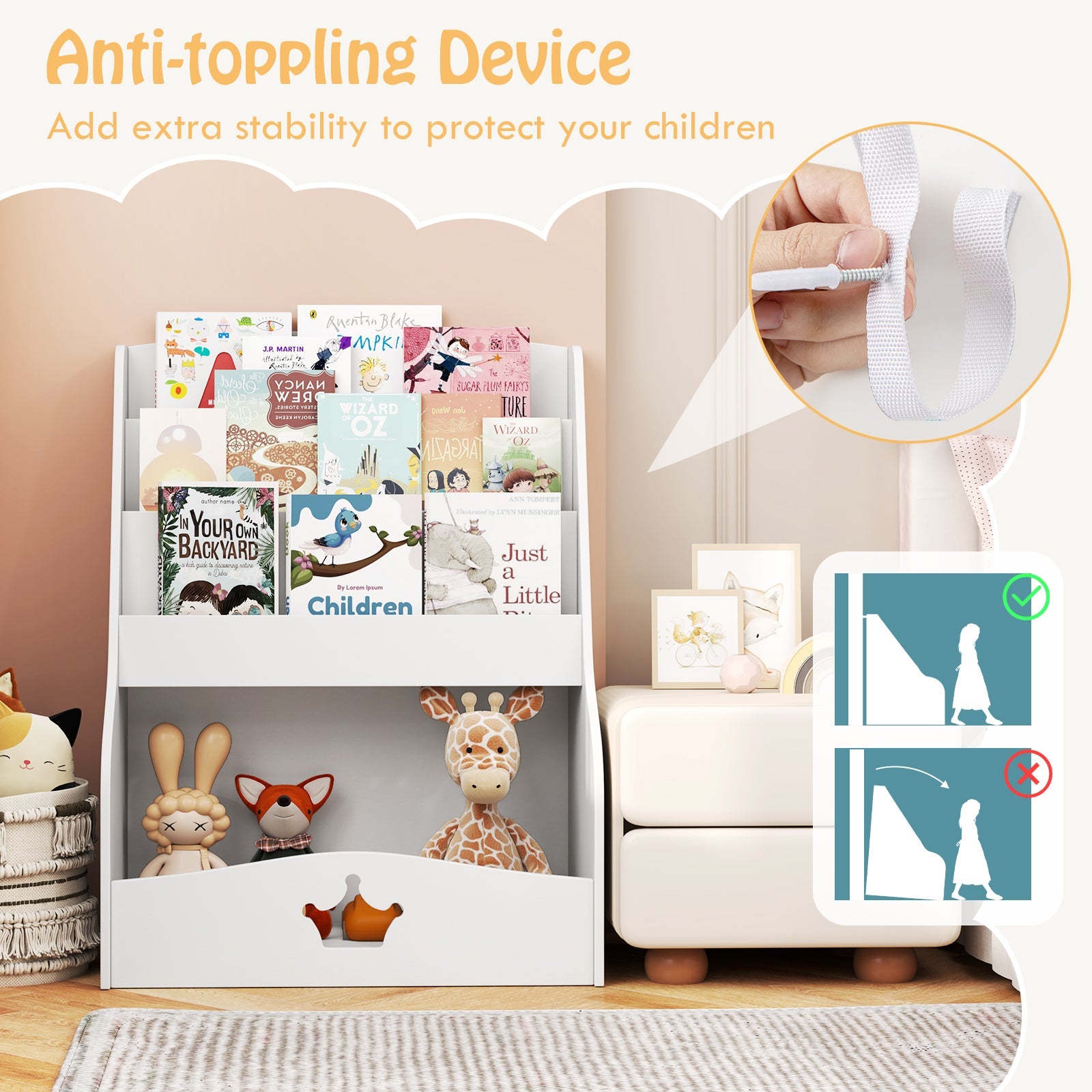 4-Tier Wooden Toy Storage Organizer, Children Bookcase Display Rack for Playroom, Kindergarten, Nursery, Classroom