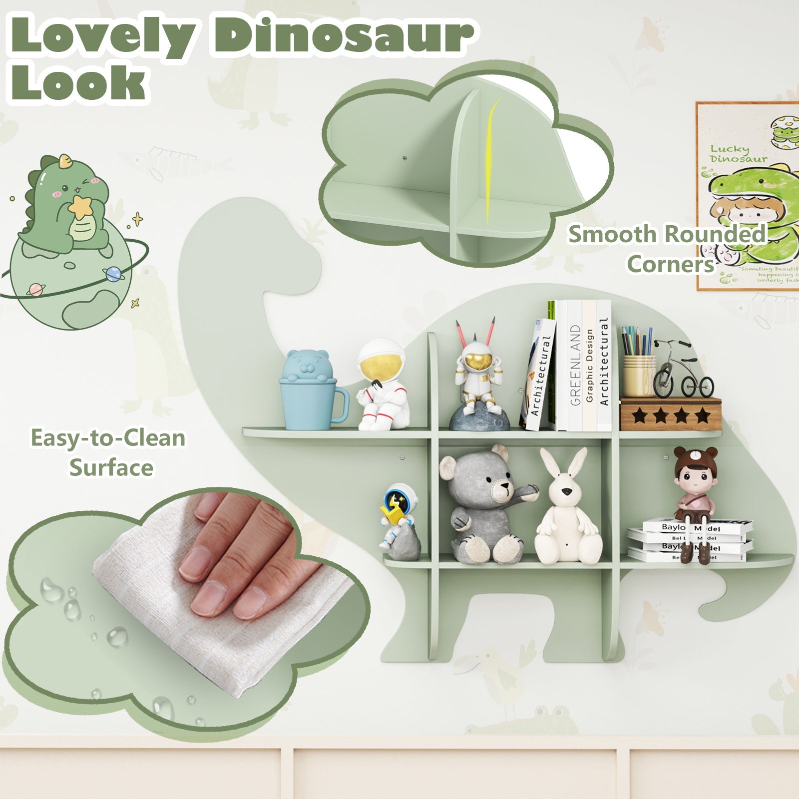 HONEY JOY Floating Dinosaur Kids Bookshelf, 2-Tier Wooden Hanging Bookcase for Children