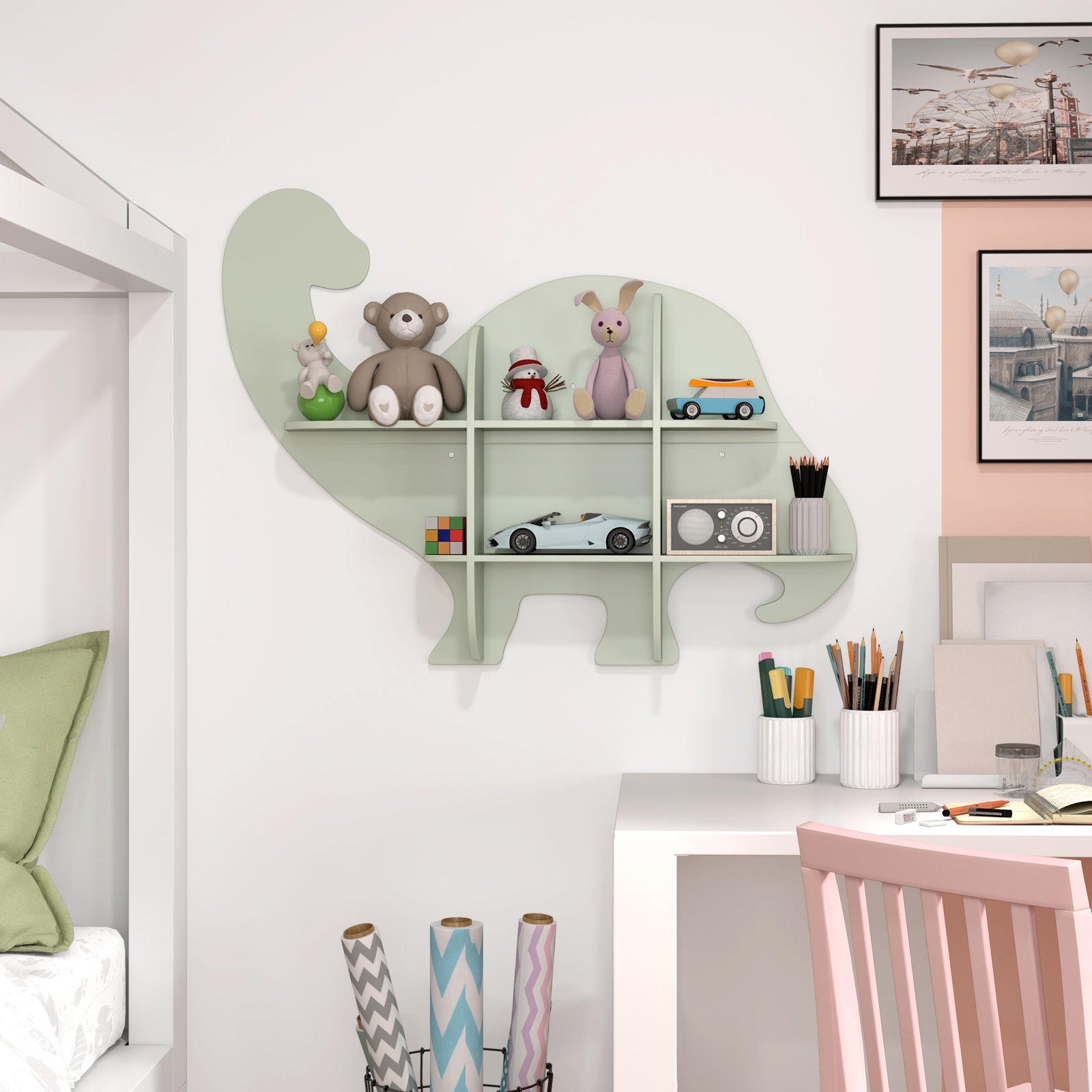 HONEY JOY Floating Dinosaur Kids Bookshelf, 2-Tier Wooden Hanging Bookcase for Children