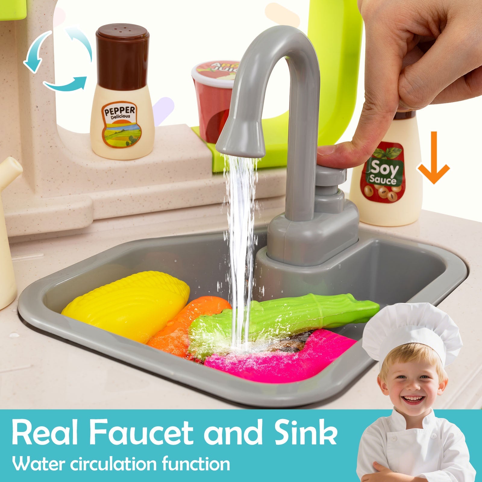 Kids Kitchen Playset, Corner Play Kitchen with Realistic Sounds and Lights, Cooking Stove with Steam