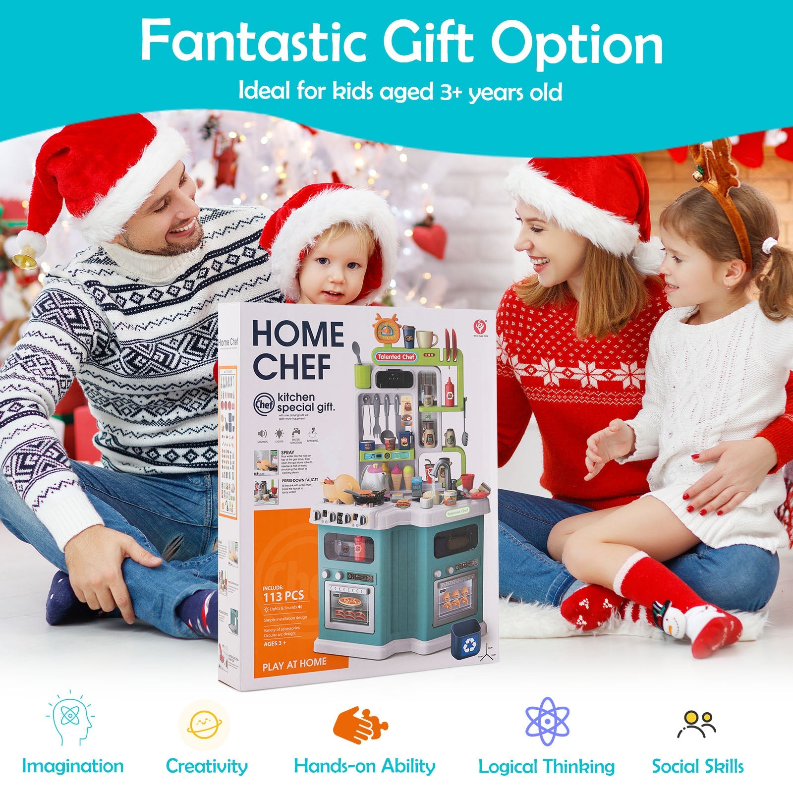 Kids Kitchen Playset, Corner Play Kitchen with Realistic Sounds and Lights, Cooking Stove with Steam