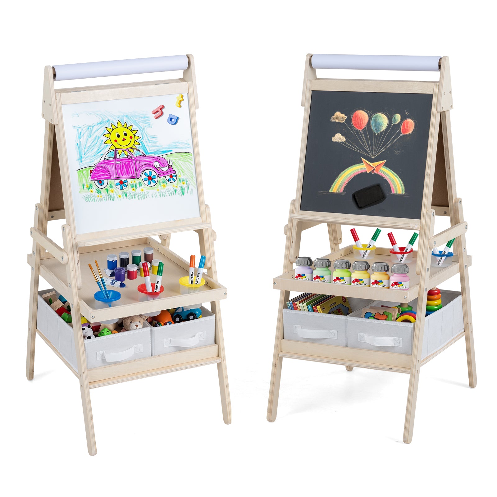 3-in-1 Art Easel for Kids, Standing Double-Sided Easel w/Chalkboard & Whiteboard, Paper Roll