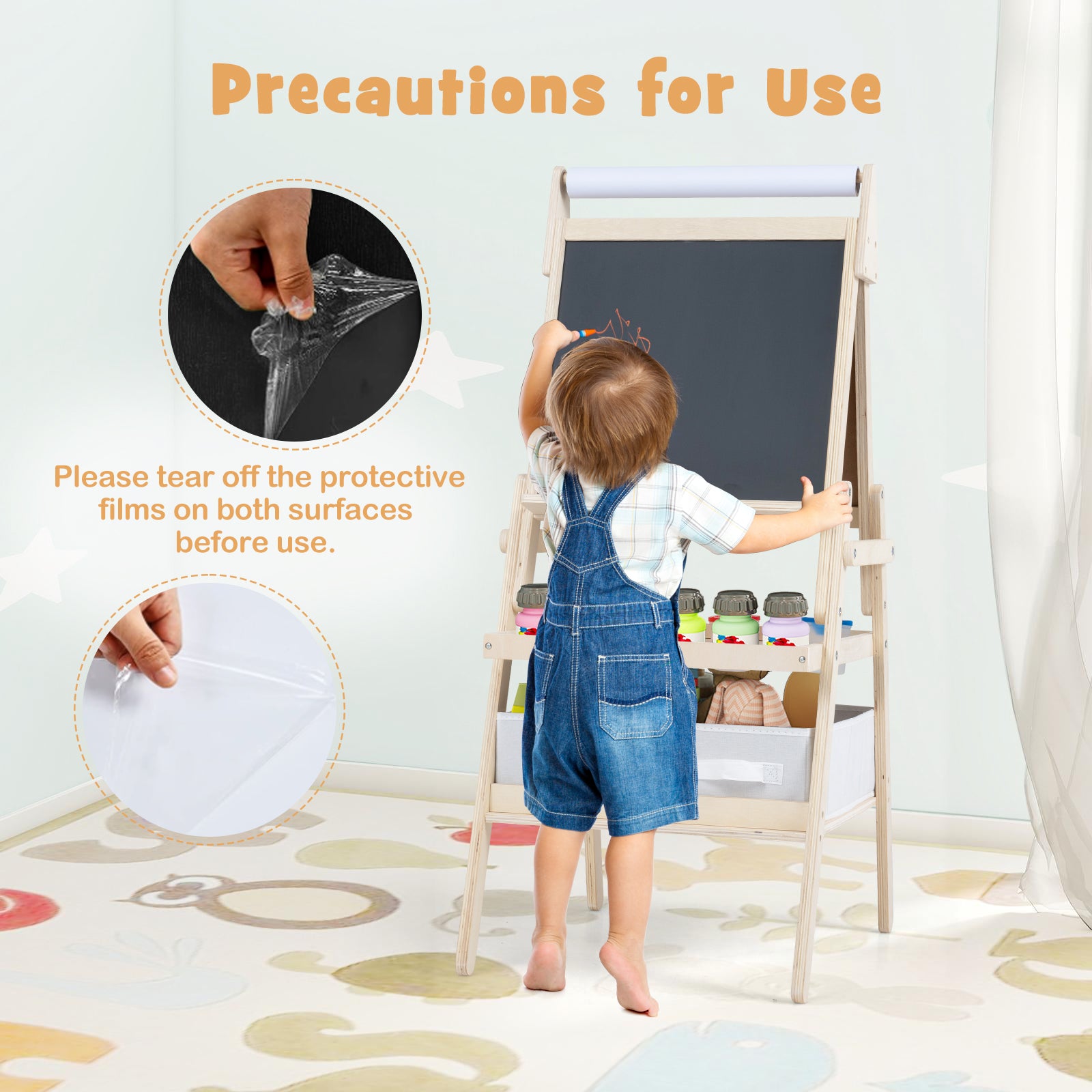 3-in-1 Art Easel for Kids, Standing Double-Sided Easel w/Chalkboard & Whiteboard, Paper Roll