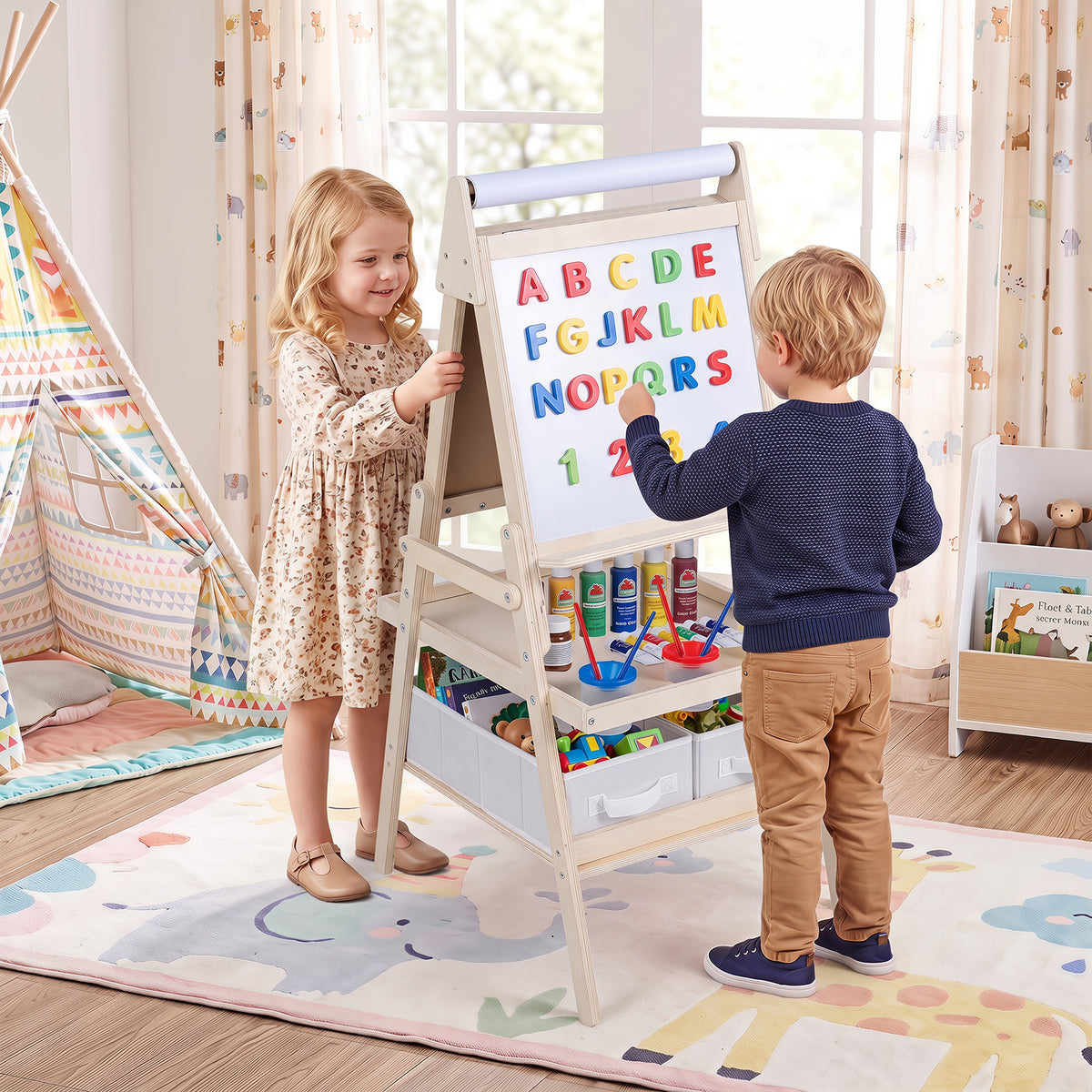 3-in-1 Art Easel for Kids, Standing Double-Sided Easel w/Chalkboard & Whiteboard, Paper Roll