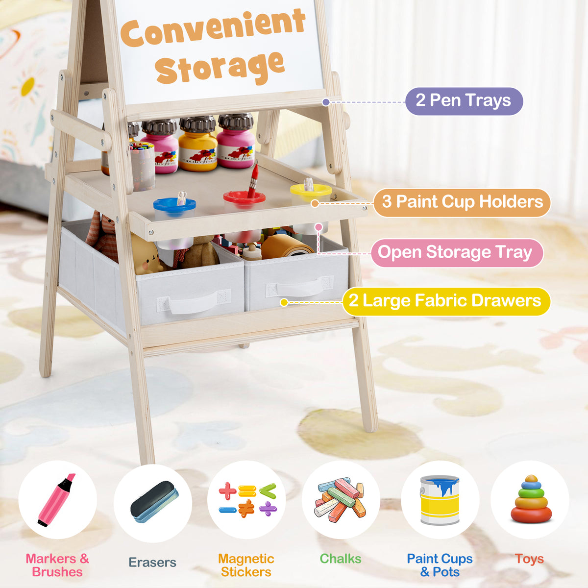 3-in-1 Art Easel for Kids, Standing Double-Sided Easel w/Chalkboard & Whiteboard, Paper Roll