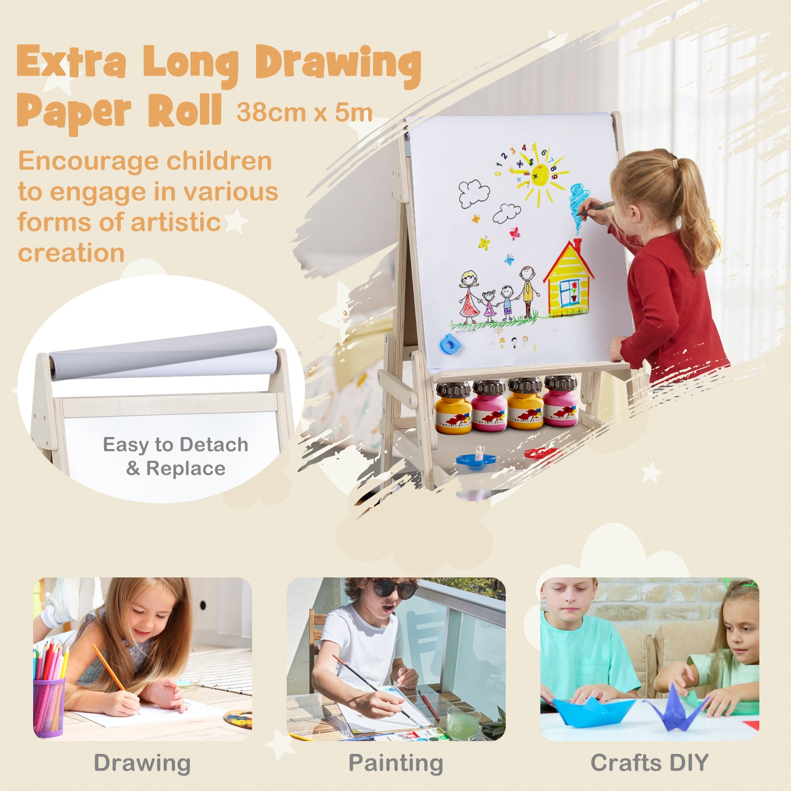 3-in-1 Art Easel for Kids, Standing Double-Sided Easel w/Chalkboard & Whiteboard, Paper Roll