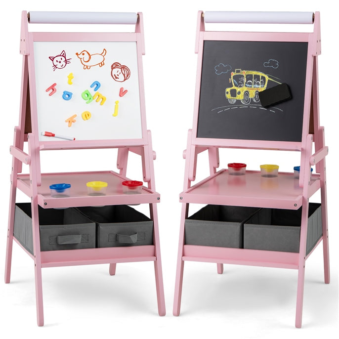 3-in-1 Art Easel for Kids, Standing Double-Sided Easel w/Chalkboard & Whiteboard, Paper Roll