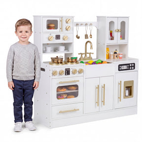 Play Kitchen for Kids, Wooden Kitchen Playset with Realistic Lights & Sounds, Stoves, Sink, Faucet, Oven