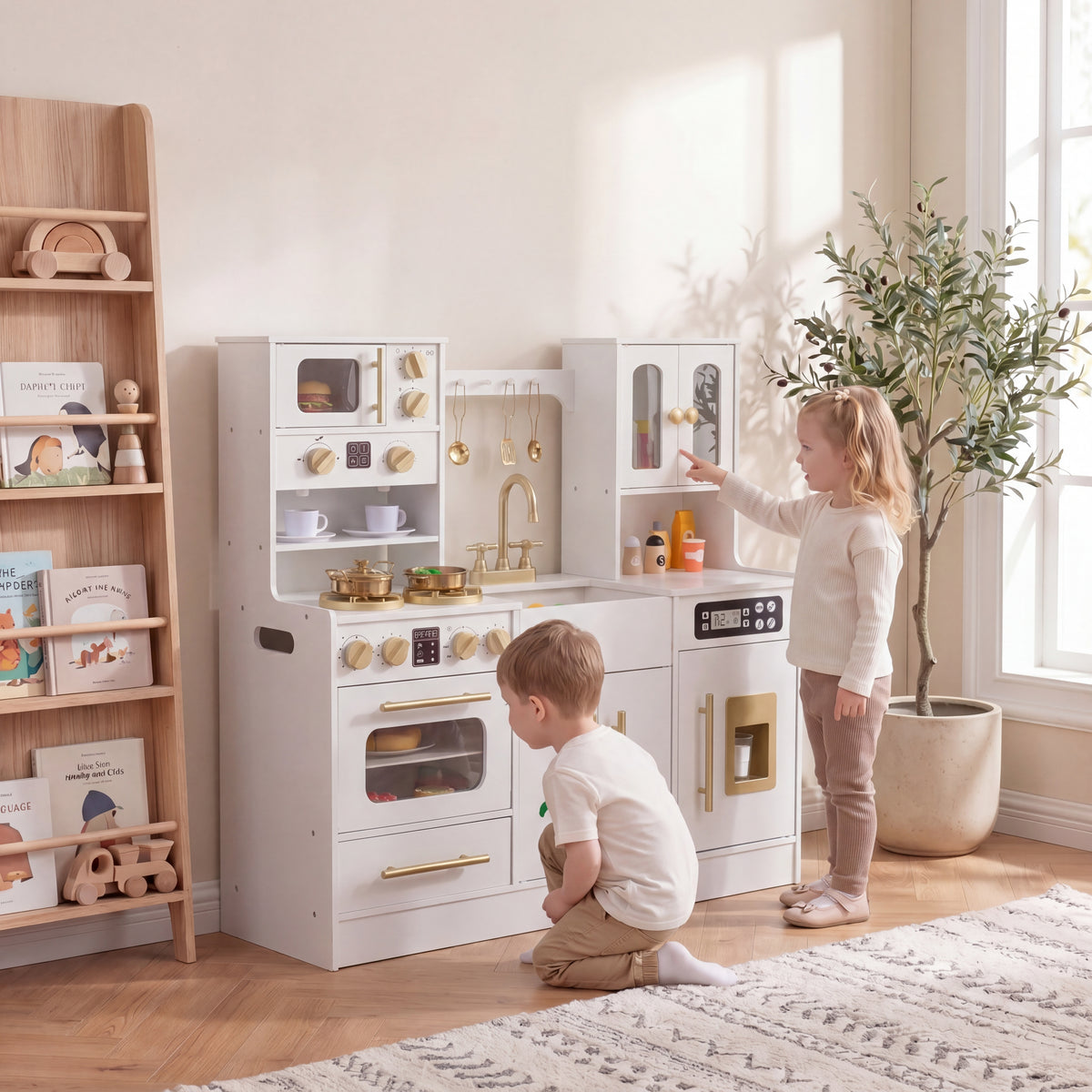 Play Kitchen for Kids, Wooden Kitchen Playset with Realistic Lights & Sounds, Stoves, Sink, Faucet, Oven