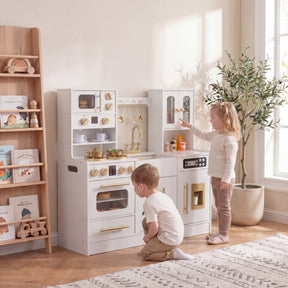 Play Kitchen for Kids, Wooden Kitchen Playset with Realistic Lights & Sounds, Stoves, Sink, Faucet, Oven
