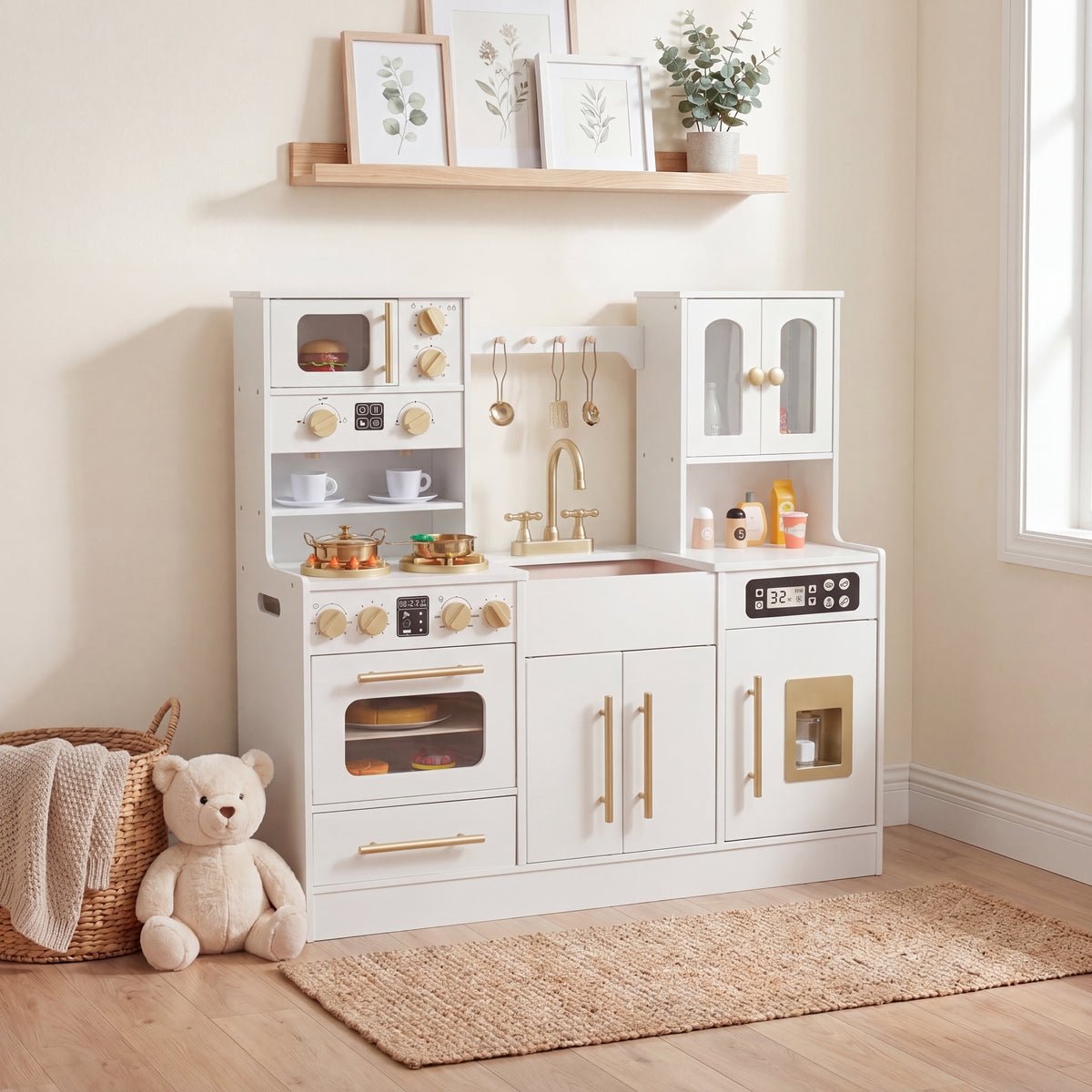 Play Kitchen for Kids, Wooden Kitchen Playset with Realistic Lights & Sounds, Stoves, Sink, Faucet, Oven