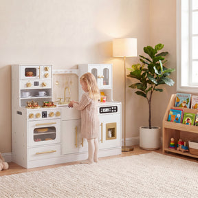 Play Kitchen for Kids, Wooden Kitchen Playset with Realistic Lights & Sounds, Stoves, Sink, Faucet, Oven