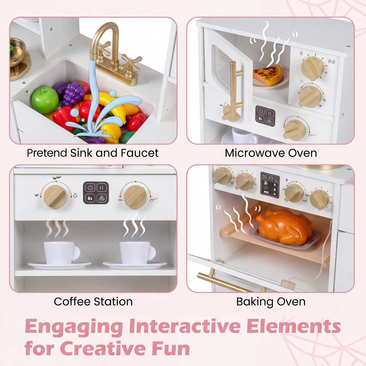 Play Kitchen for Kids, Wooden Kitchen Playset with Realistic Lights & Sounds, Stoves, Sink, Faucet, Oven