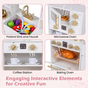 Play Kitchen for Kids, Wooden Kitchen Playset with Realistic Lights & Sounds, Stoves, Sink, Faucet, Oven