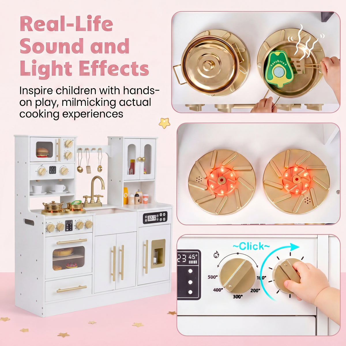 Play Kitchen for Kids, Wooden Kitchen Playset with Realistic Lights & Sounds, Stoves, Sink, Faucet, Oven