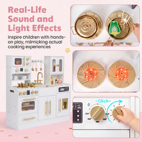 Play Kitchen for Kids, Wooden Kitchen Playset with Realistic Lights & Sounds, Stoves, Sink, Faucet, Oven