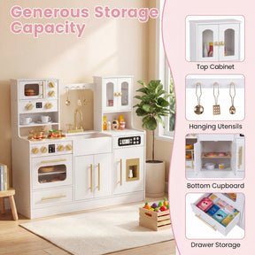 Play Kitchen for Kids, Wooden Kitchen Playset with Realistic Lights & Sounds, Stoves, Sink, Faucet, Oven