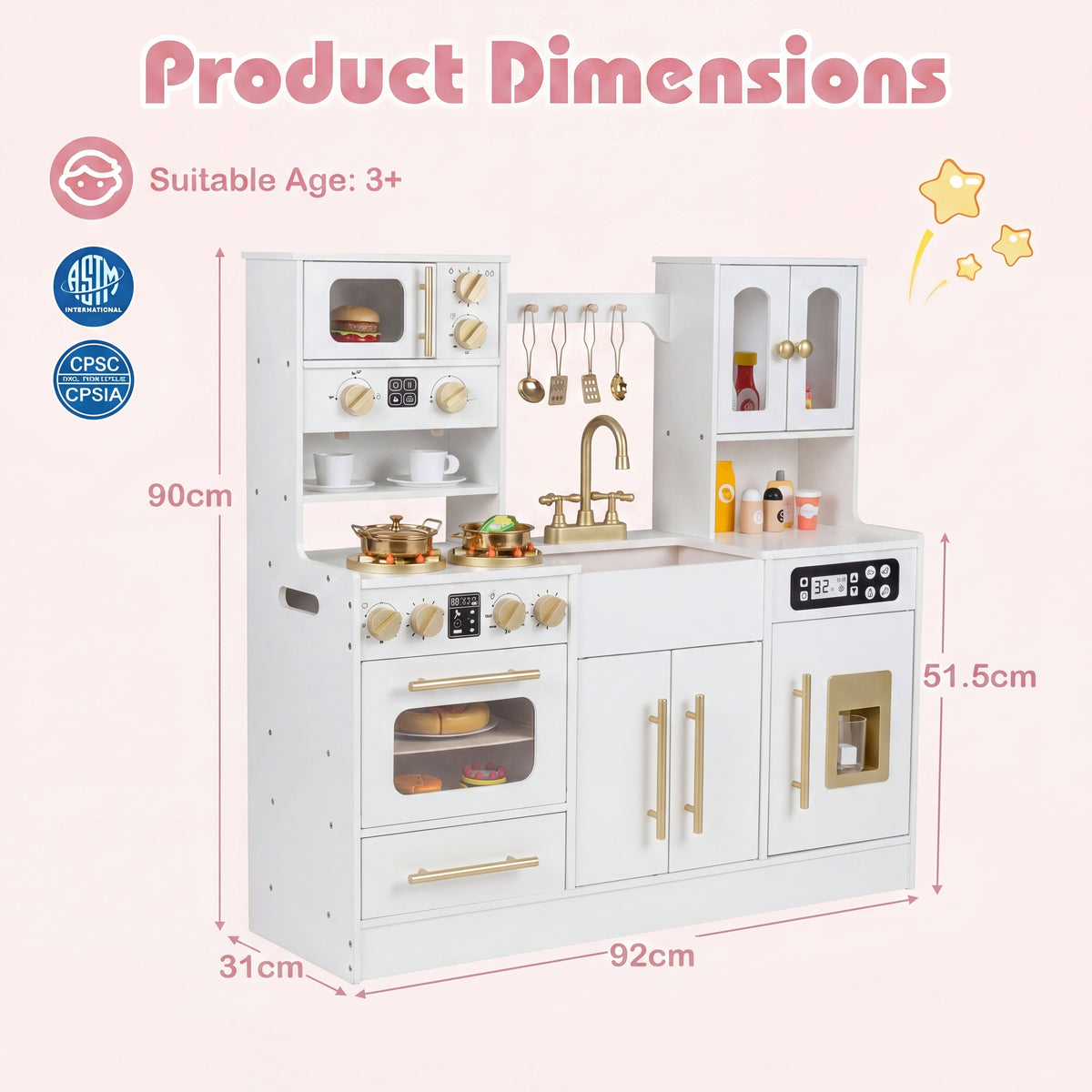 Play Kitchen for Kids, Wooden Kitchen Playset with Realistic Lights & Sounds, Stoves, Sink, Faucet, Oven