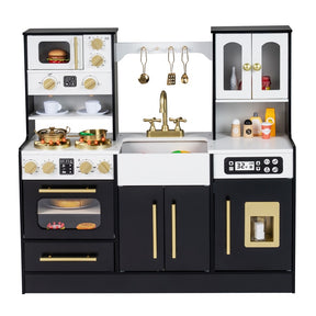 Play Kitchen for Kids, Wooden Kitchen Playset with Realistic Lights & Sounds, Stoves, Sink, Faucet, Oven