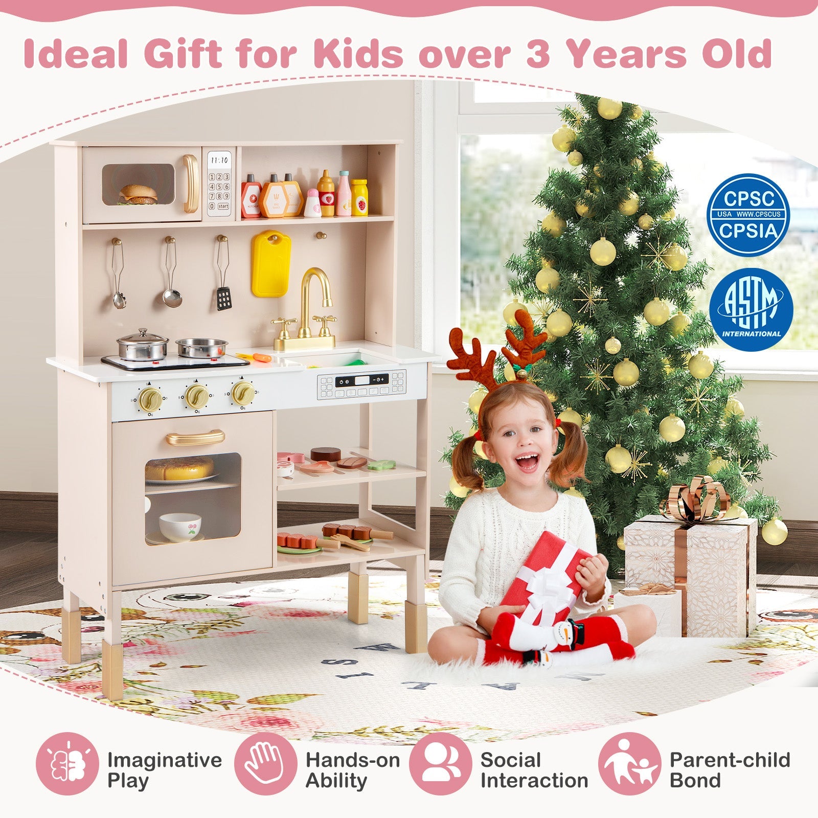 Kids Kitchen Playset, Height Adjustable Toy Kitchen for 3+ Years Old