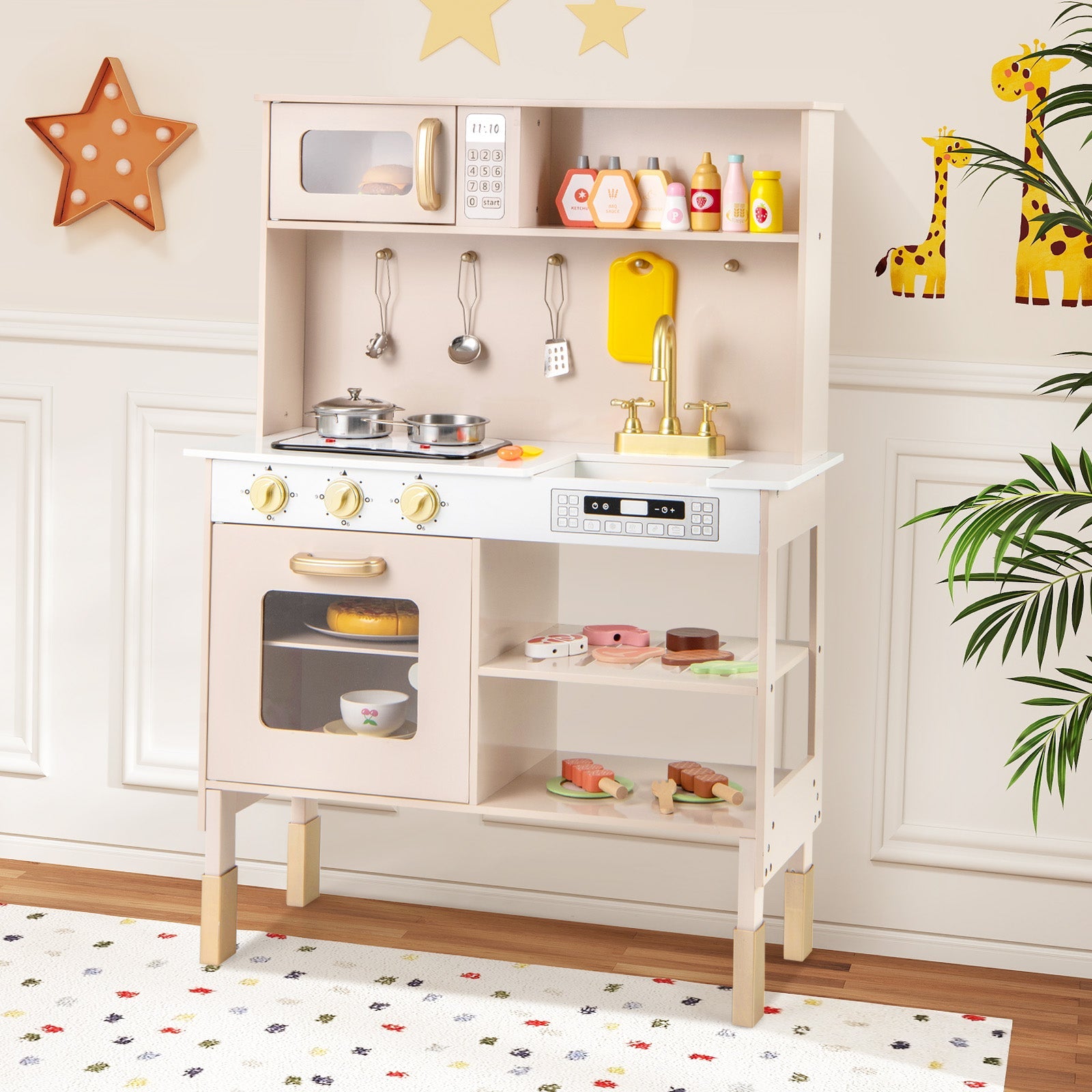 Kids Kitchen Playset, Height Adjustable Toy Kitchen for 3+ Years Old