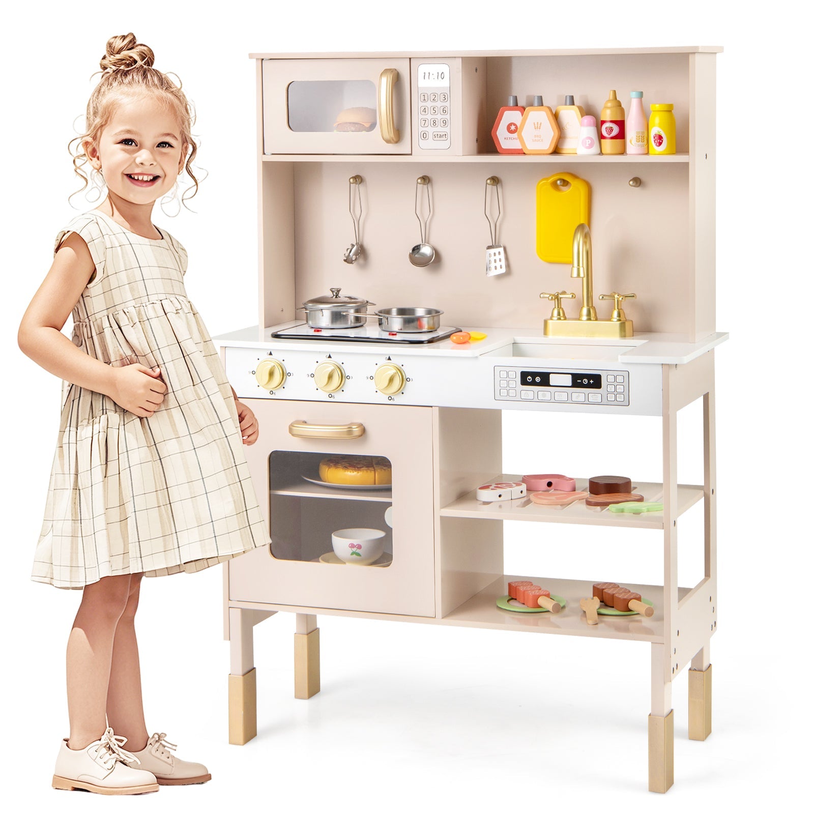Kids Kitchen Playset, Height Adjustable Toy Kitchen for 3+ Years Old