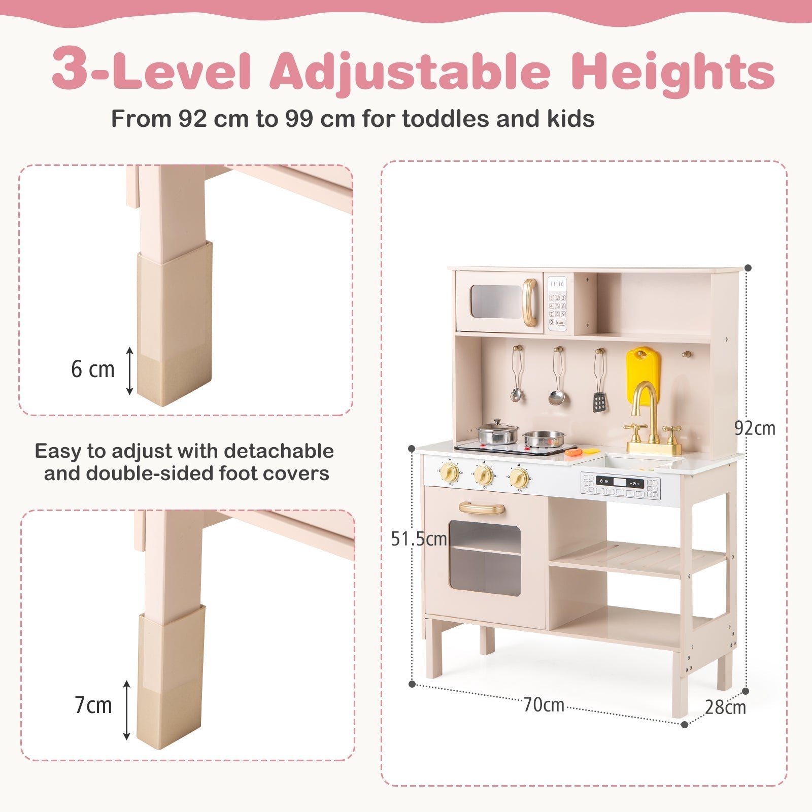 Kids Kitchen Playset, Height Adjustable Toy Kitchen for 3+ Years Old