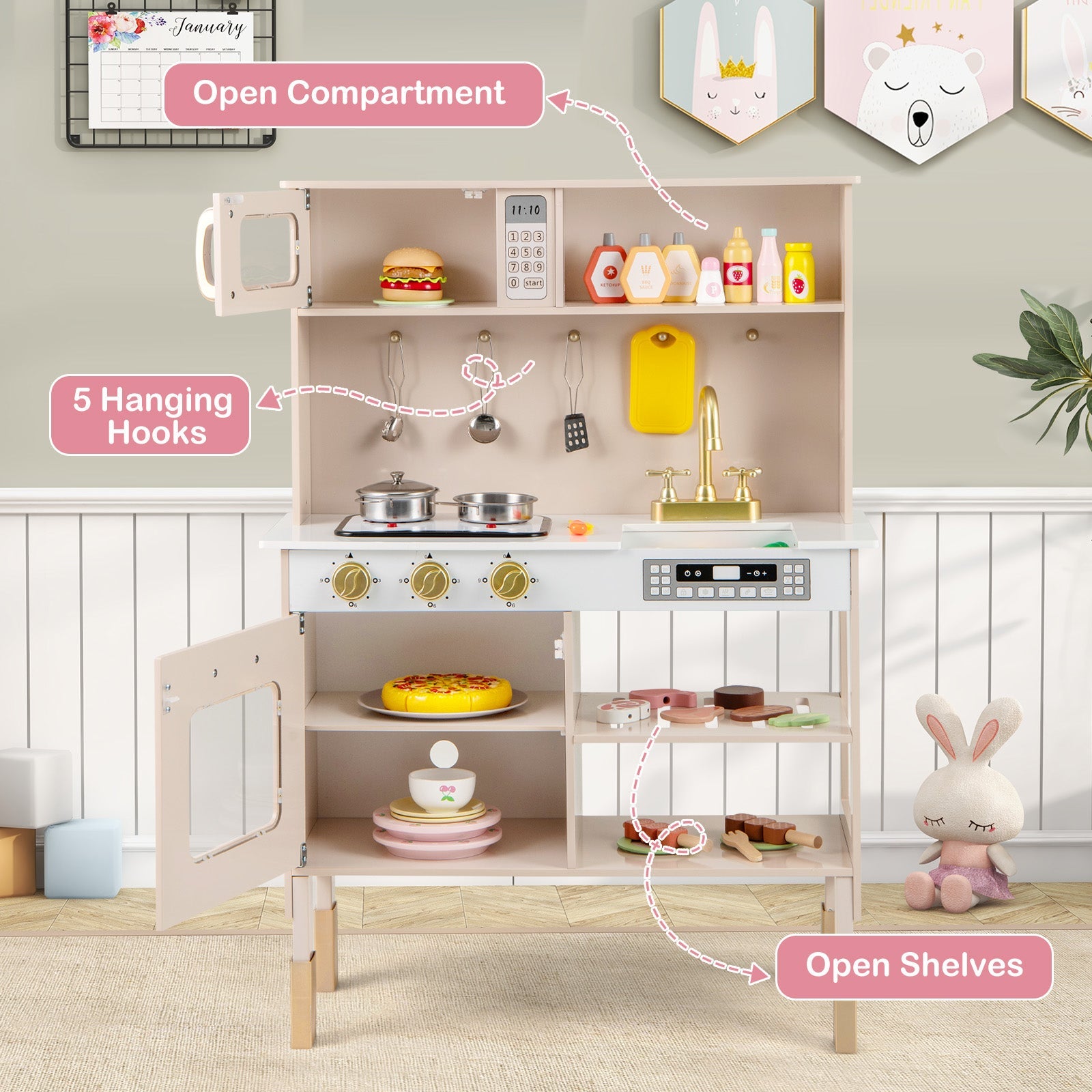 Kids Kitchen Playset, Height Adjustable Toy Kitchen for 3+ Years Old
