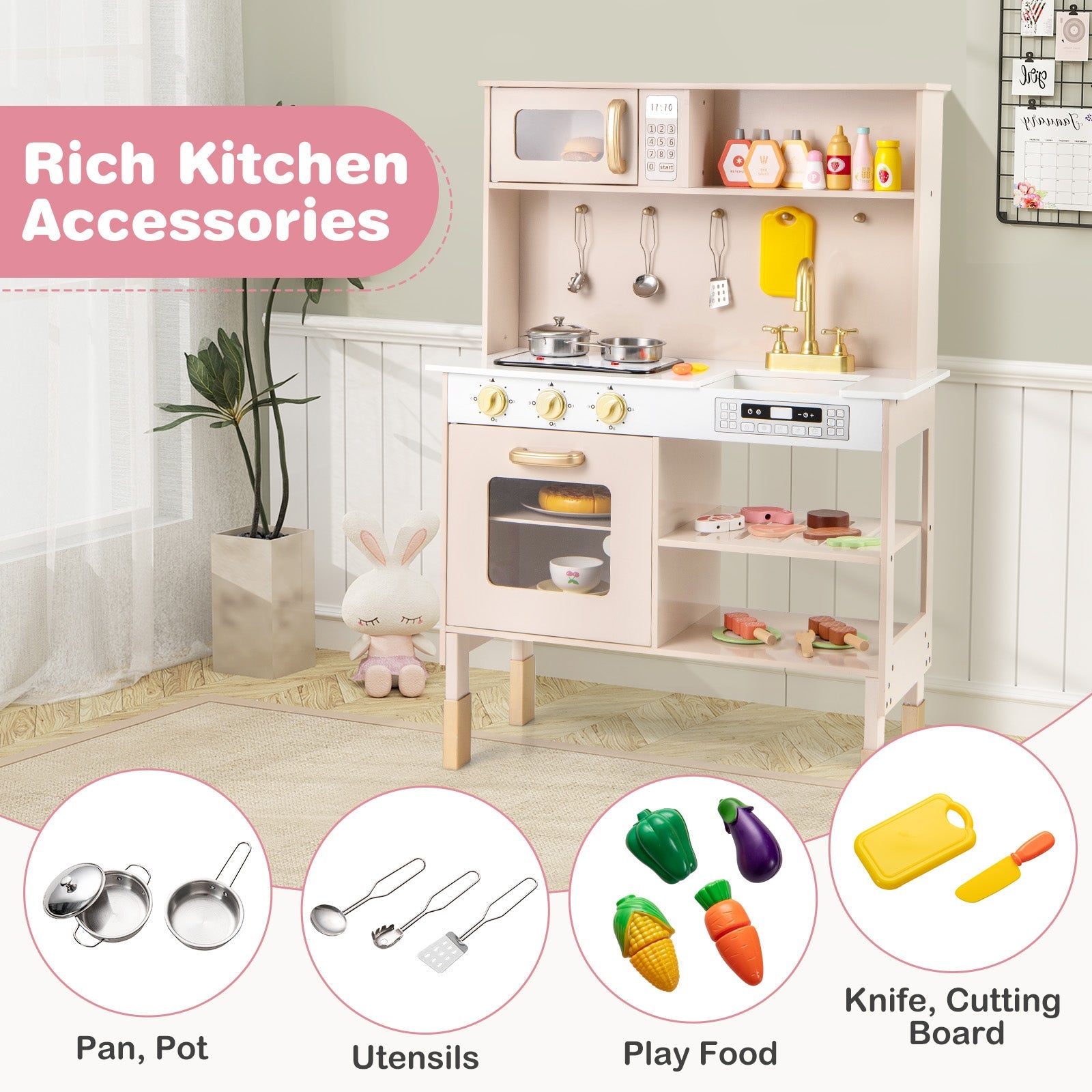 Kids Kitchen Playset, Height Adjustable Toy Kitchen for 3+ Years Old