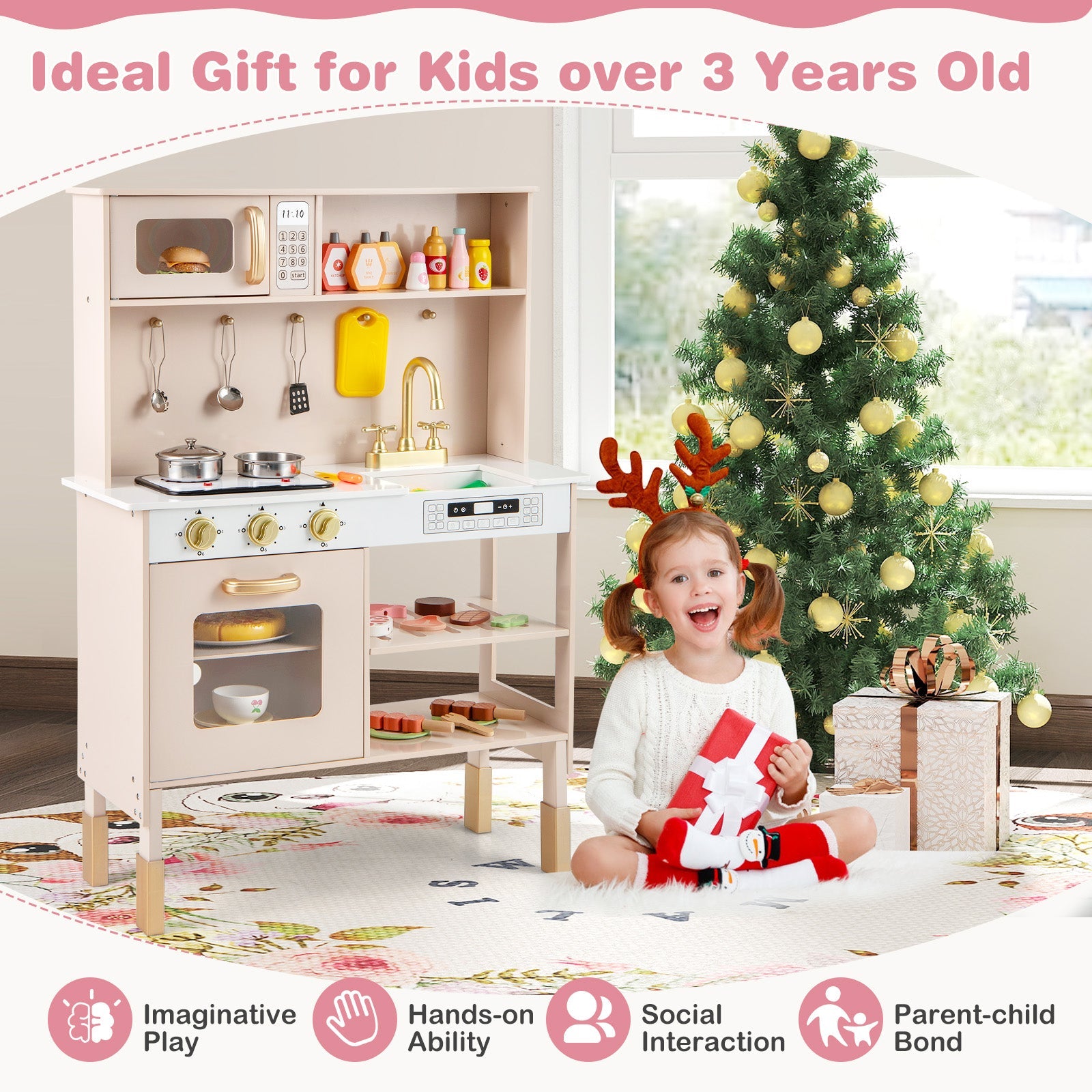 Kids Kitchen Playset, Pretend Play Kitchen w/ Stoves with Sound & Light, Oven