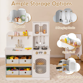HONEY JOY Play Kitchen for Kids with Storage, Wooden Toy Kitchen Set w/4 Storage Bins