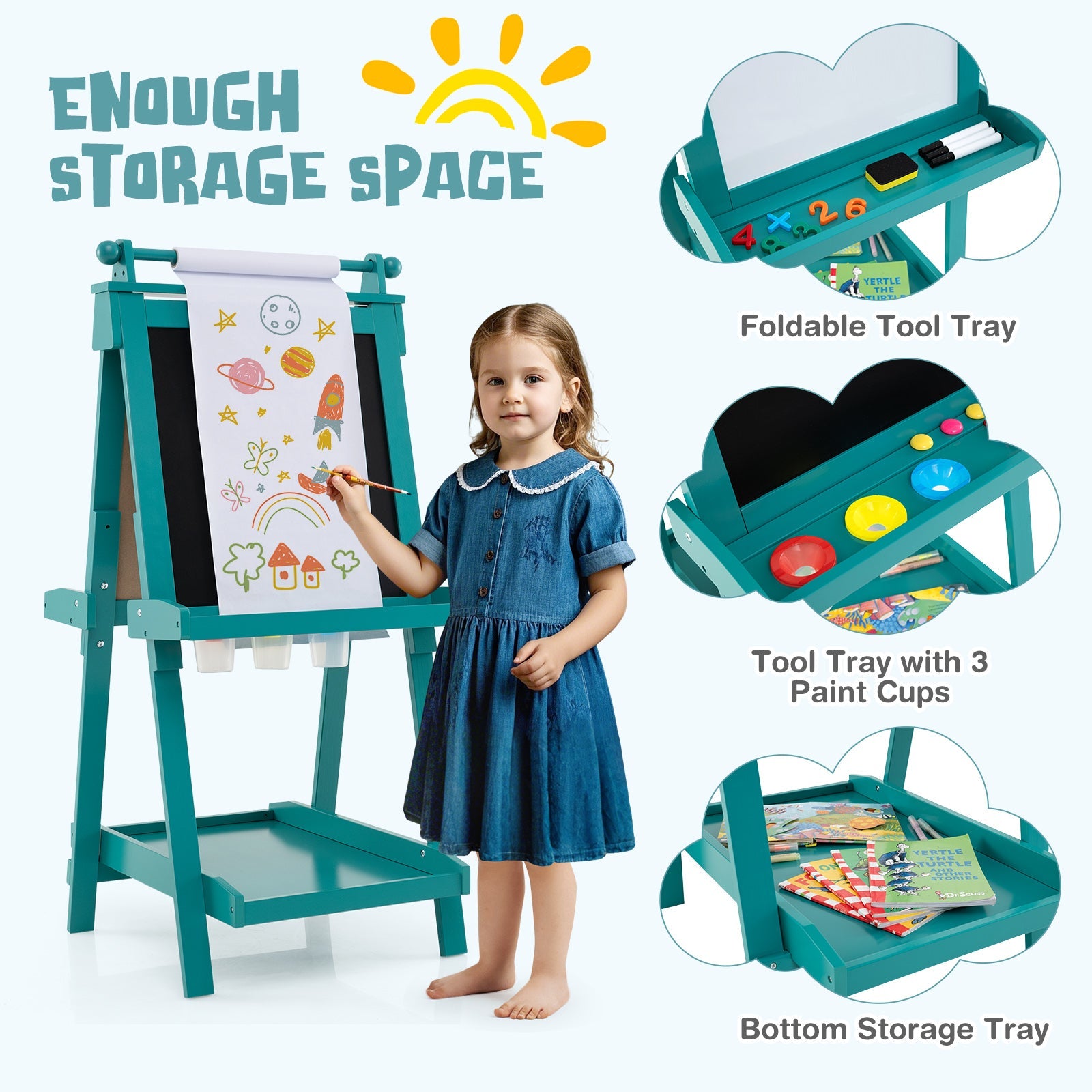 3-in-1 Double-sided Art Easel with Chalkboard & Magnetic Whiteboard