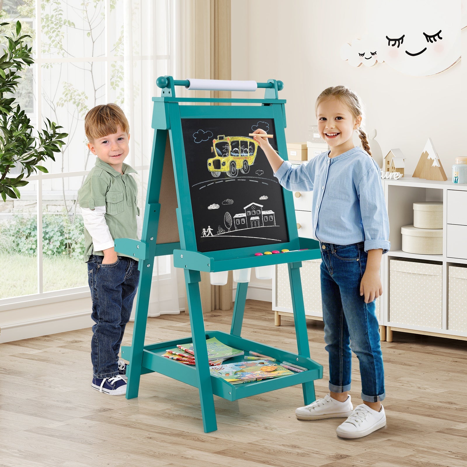 3-in-1 Double-sided Art Easel with Chalkboard & Magnetic Whiteboard