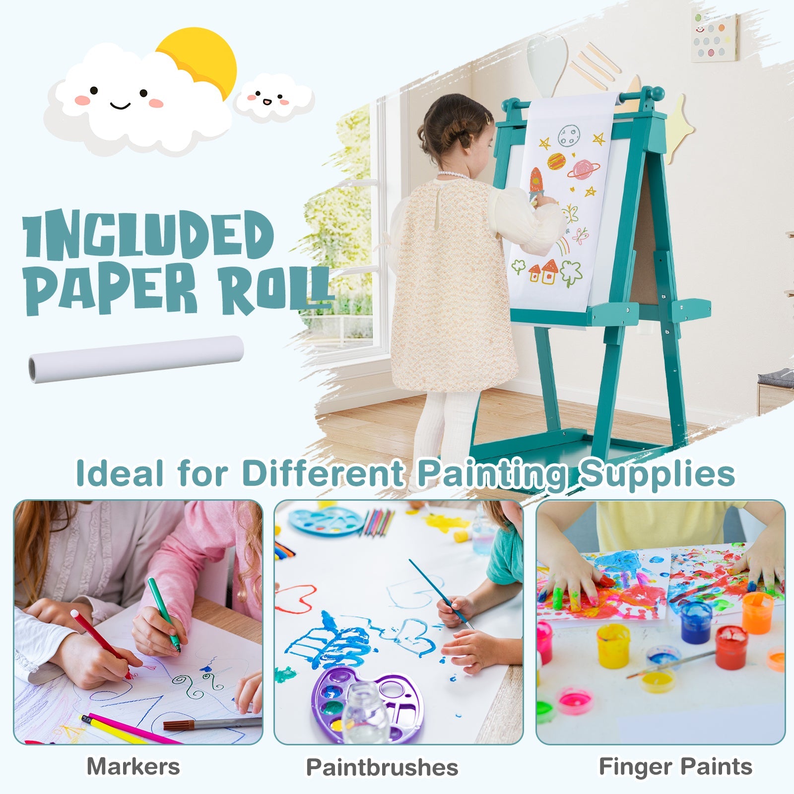 3-in-1 Double-sided Art Easel with Chalkboard & Magnetic Whiteboard