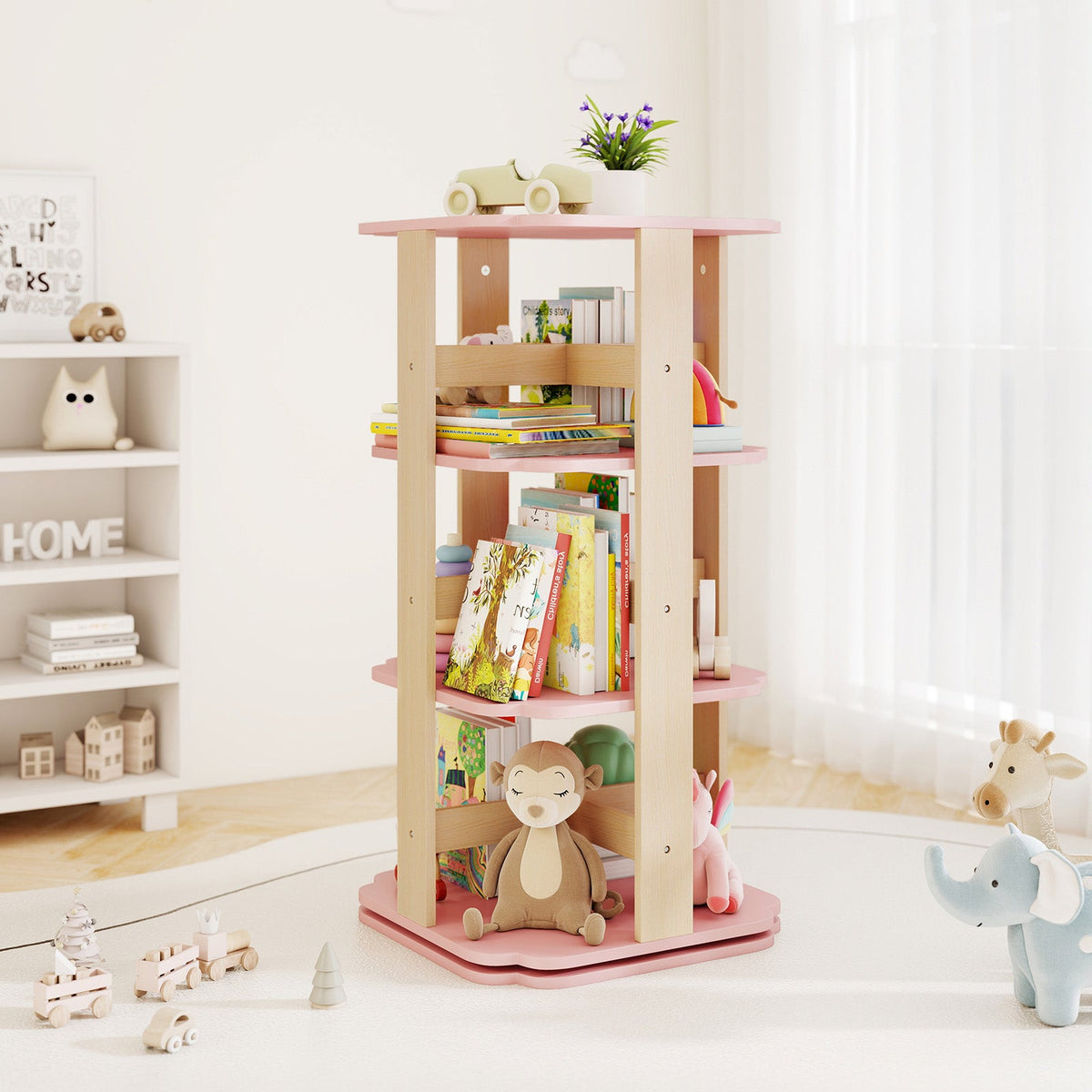 360° Spinning 3-Tier Kids Book Shelf Tower with 12 Sectors